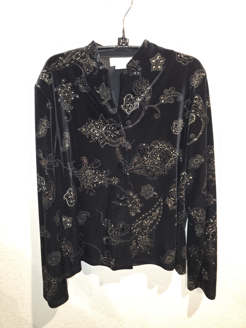 Studio C Women's Size 16 Black Stretch Velvet Gold Glitter Paisley Button Top Ja